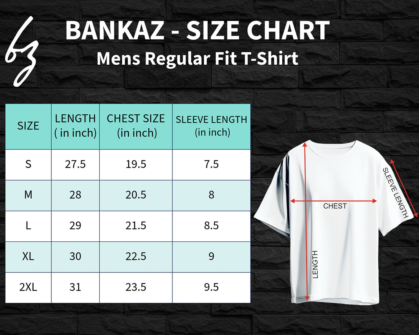 BANKAZ size chart for men regular fit