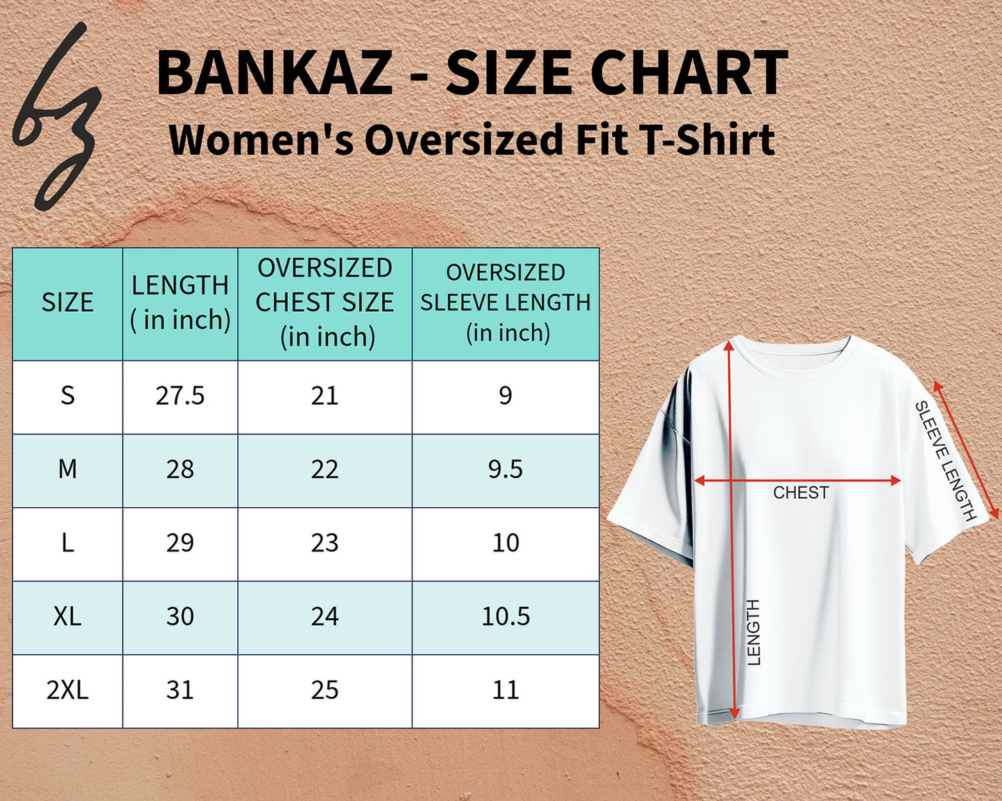 BANKAZ size chart for oversized fit