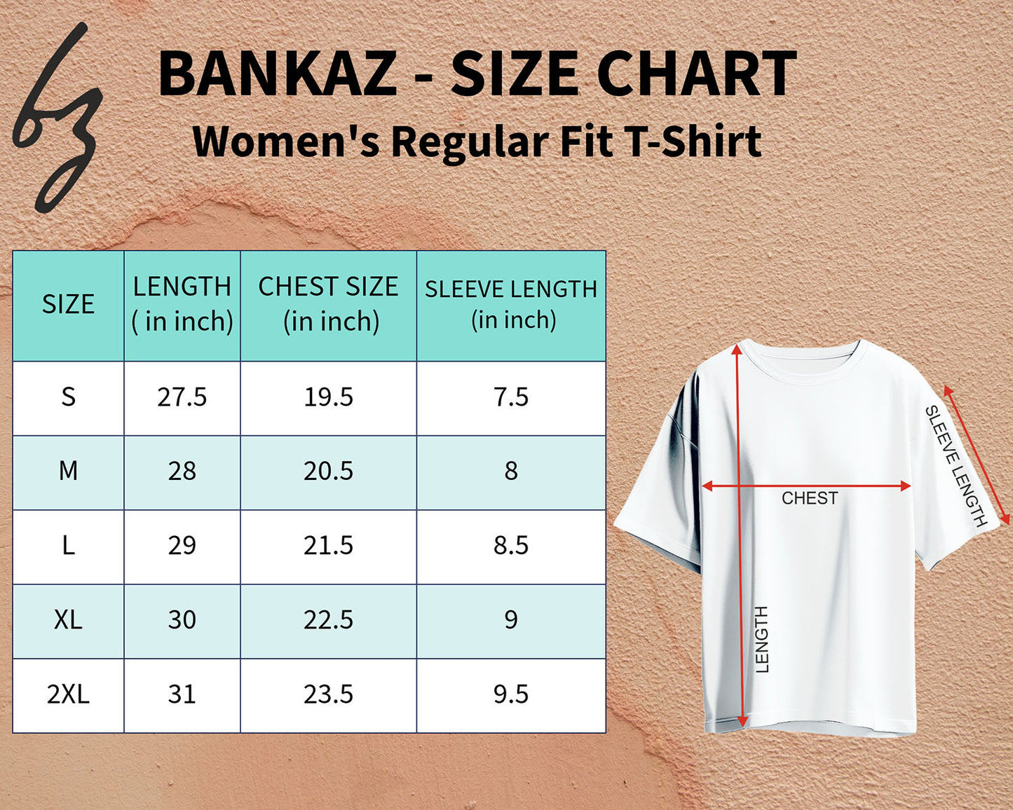 BANKAZ size chart for women regular fit