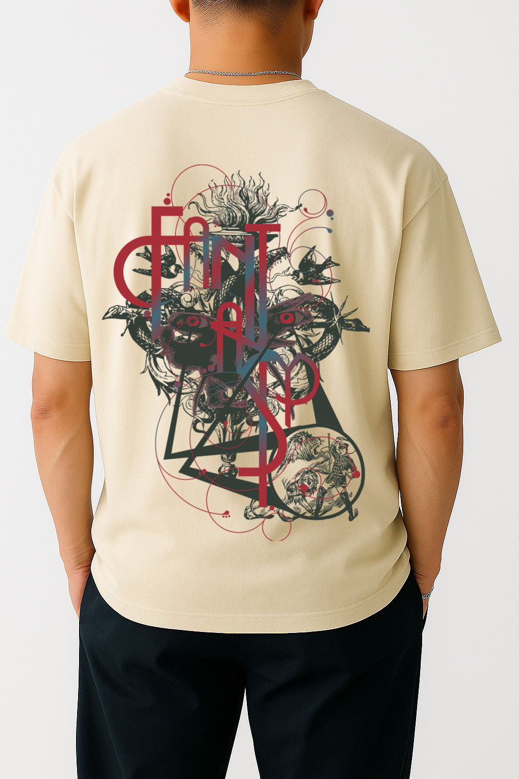 Rear view of BANKAZ off white oversized Gothic t shirt with fantasy-style graphic