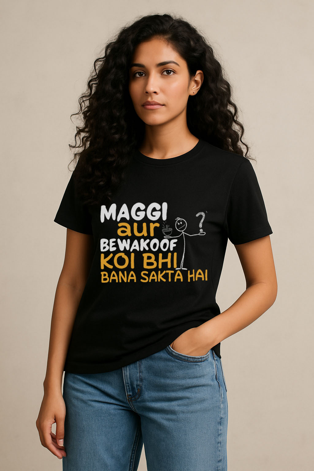 Front view of funny Hindi graphic black cotton t-shirt for women – casual wear for Maggi fans