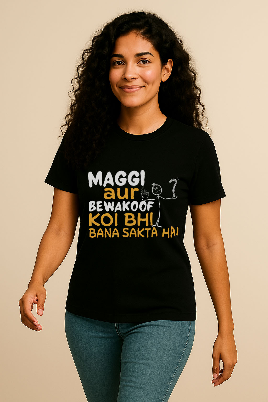Walking pose in black cotton Hindi quote t-shirt for women – funny Maggi lovers' design