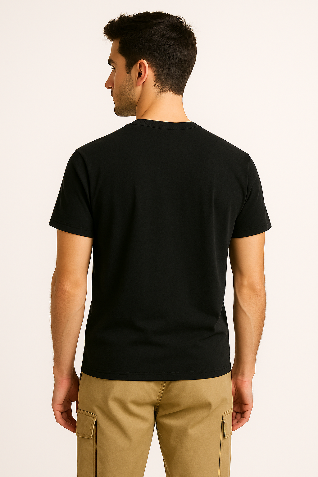 Back view of black cotton t-shirt for men with futuristic new style print – casual streetwear