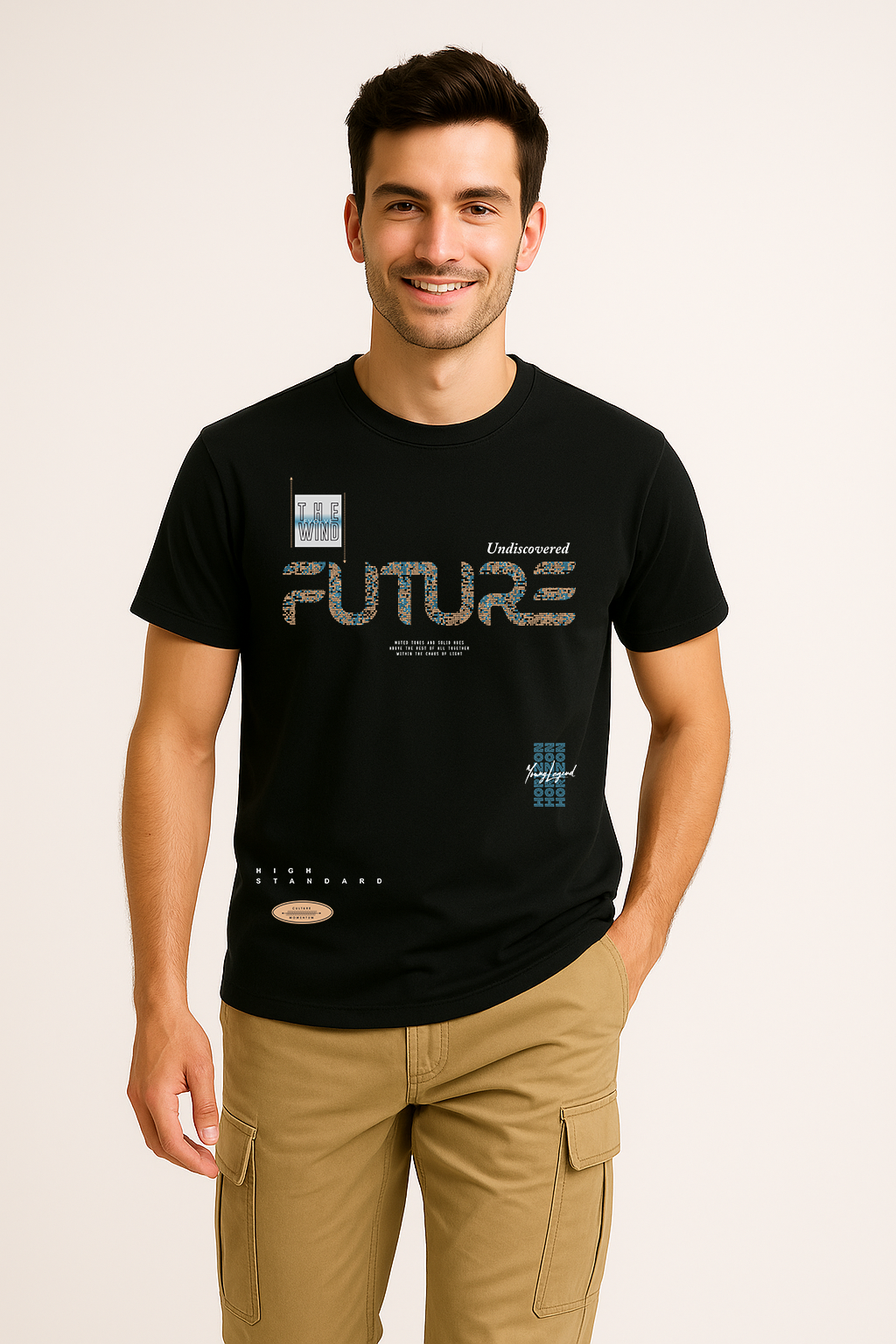Trendy black t-shirt for men with new-age graphic print – front closeup view