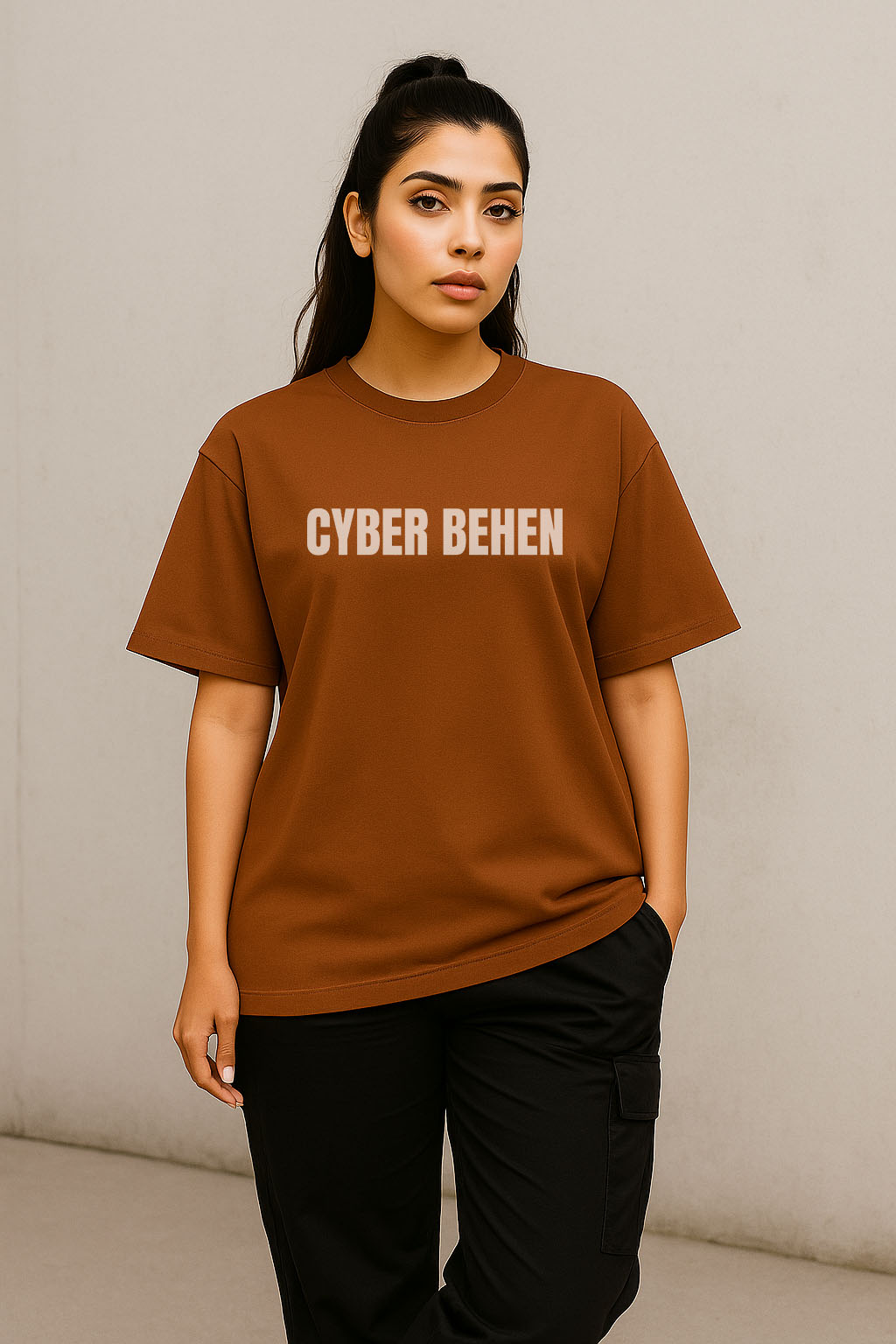 BANKAZ brown cotton oversized Hindi t-shirt for women – Cyber Behen print streetwear fit