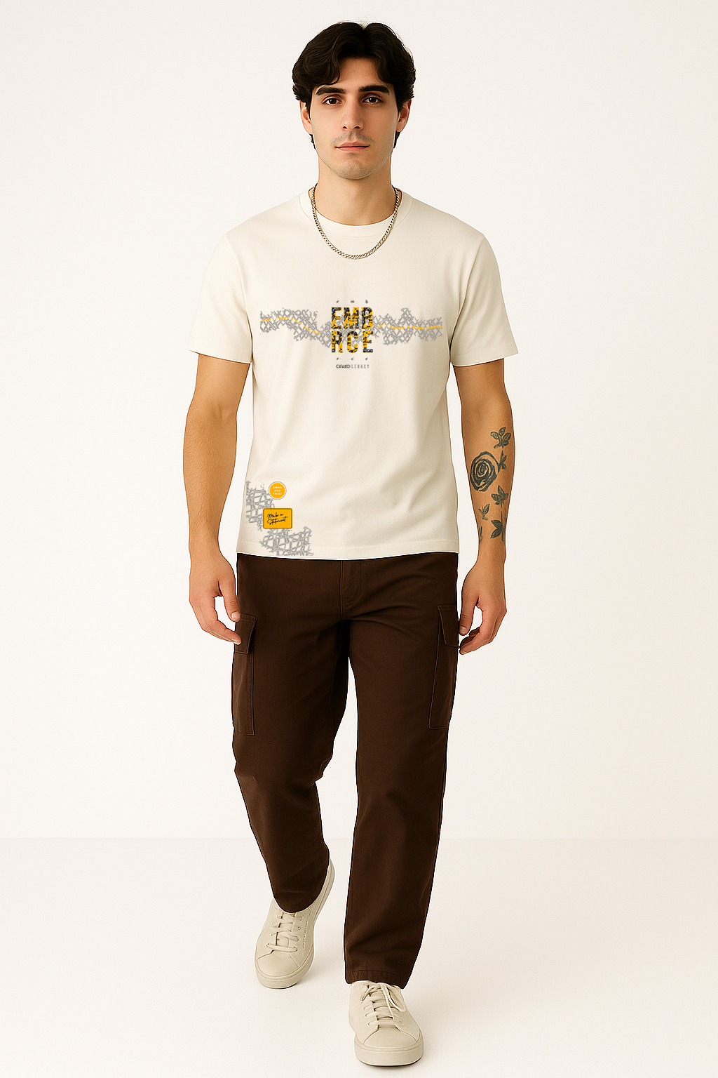 Walking pose in Embrace Legacy white cotton t-shirt for men – trendy and modern premium fit