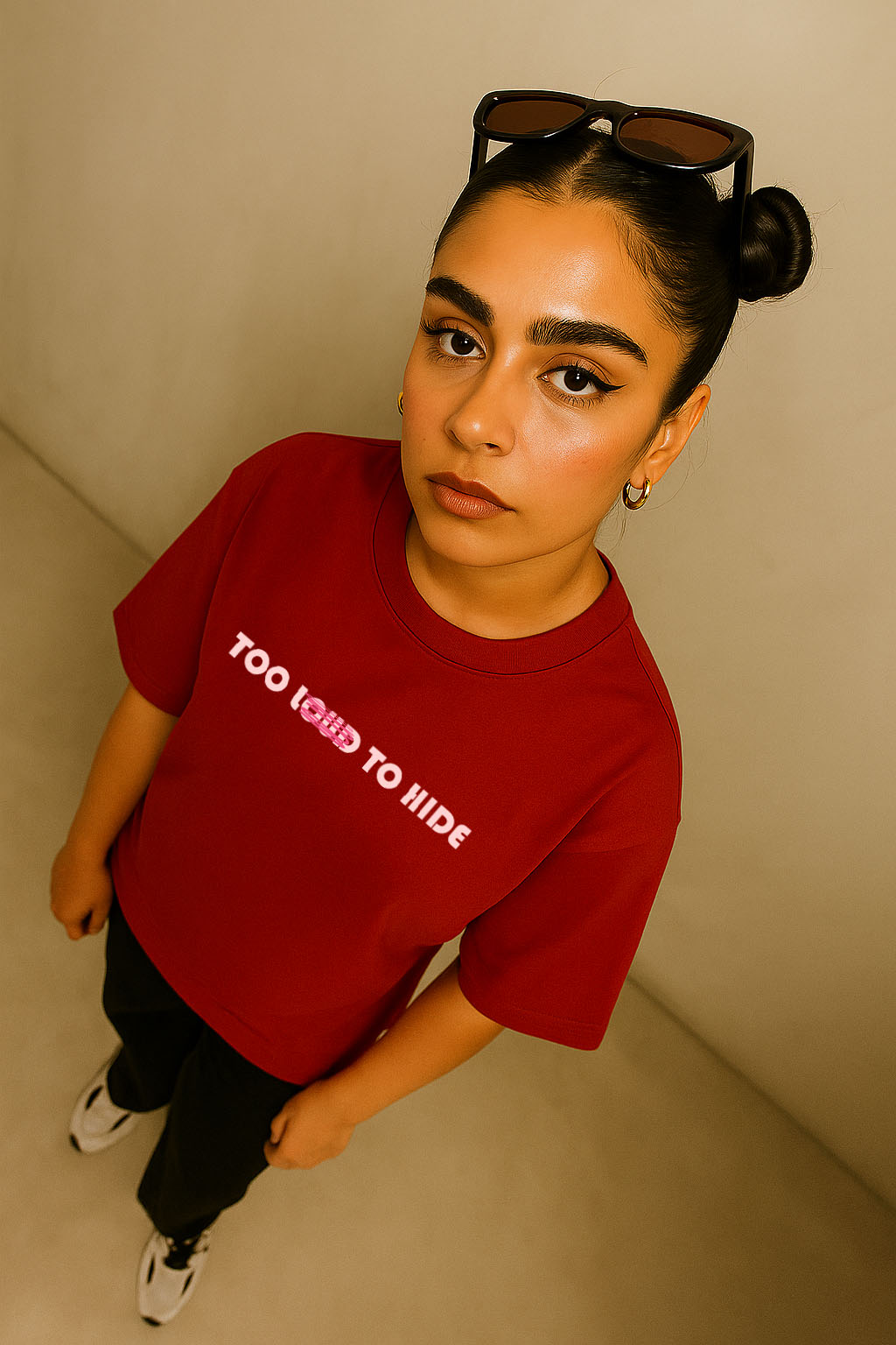 BANKAZ emo graphic red oversized t-shirt worn by woman – top-down fashion look with bold quote