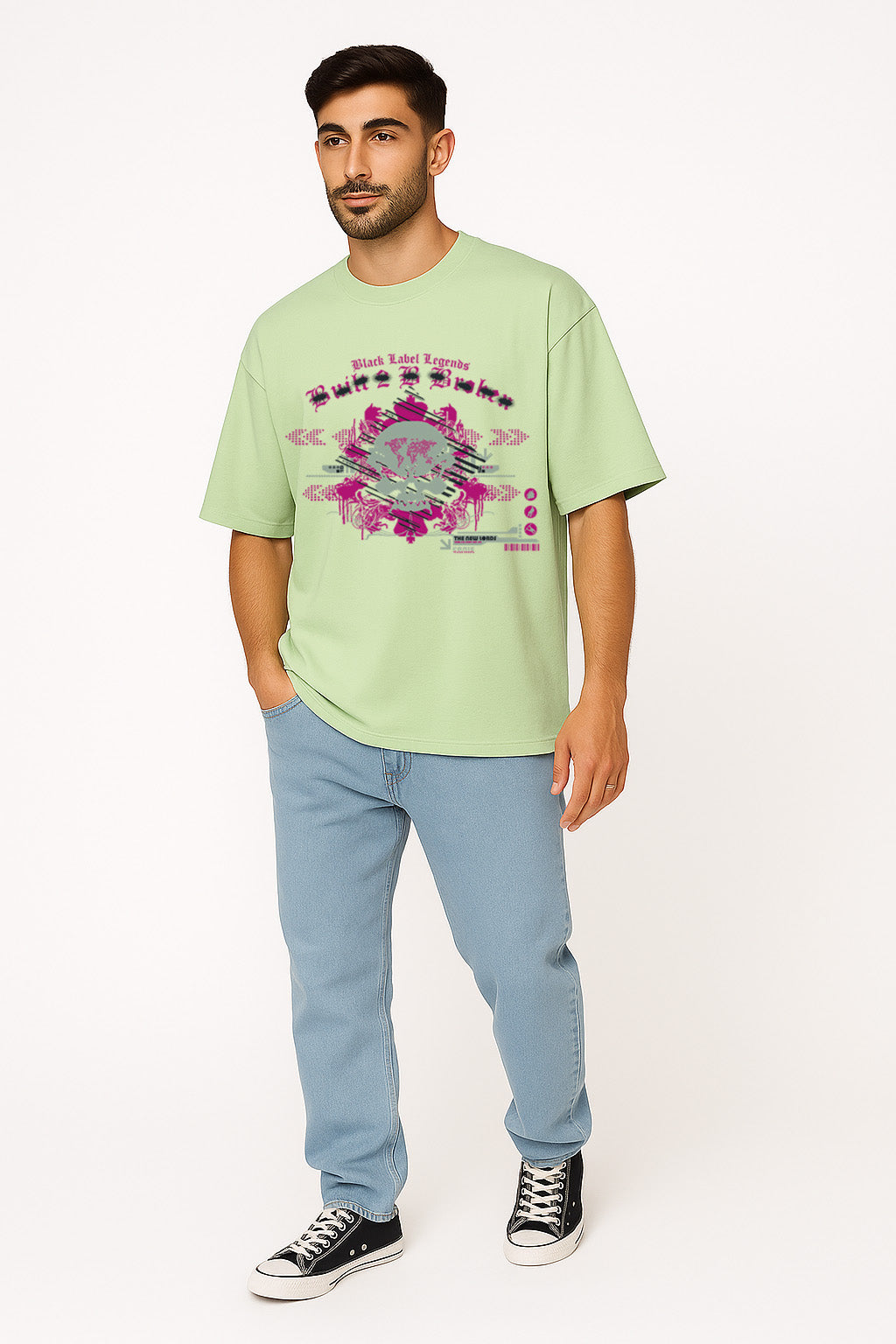 Full front view of BANKAZ green oversized t shirt featuring gothic black label artwork