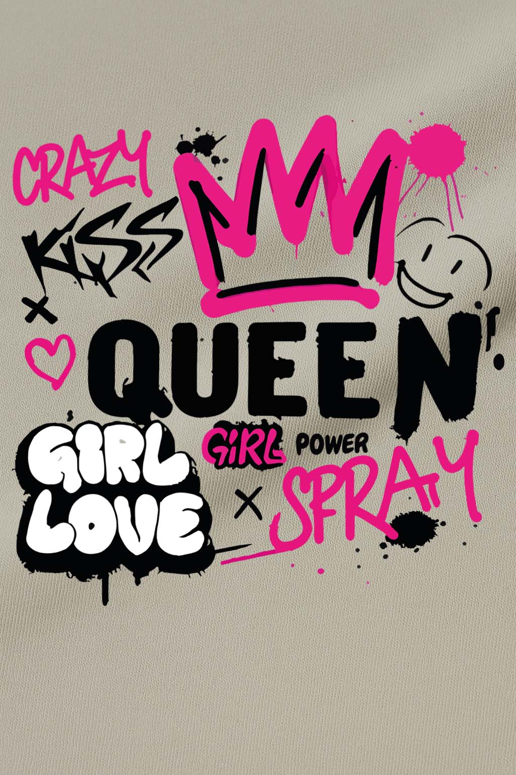 Close-up of graffiti-style girl power graphic print in black and pink on grey oversized cotton t-shirt for women