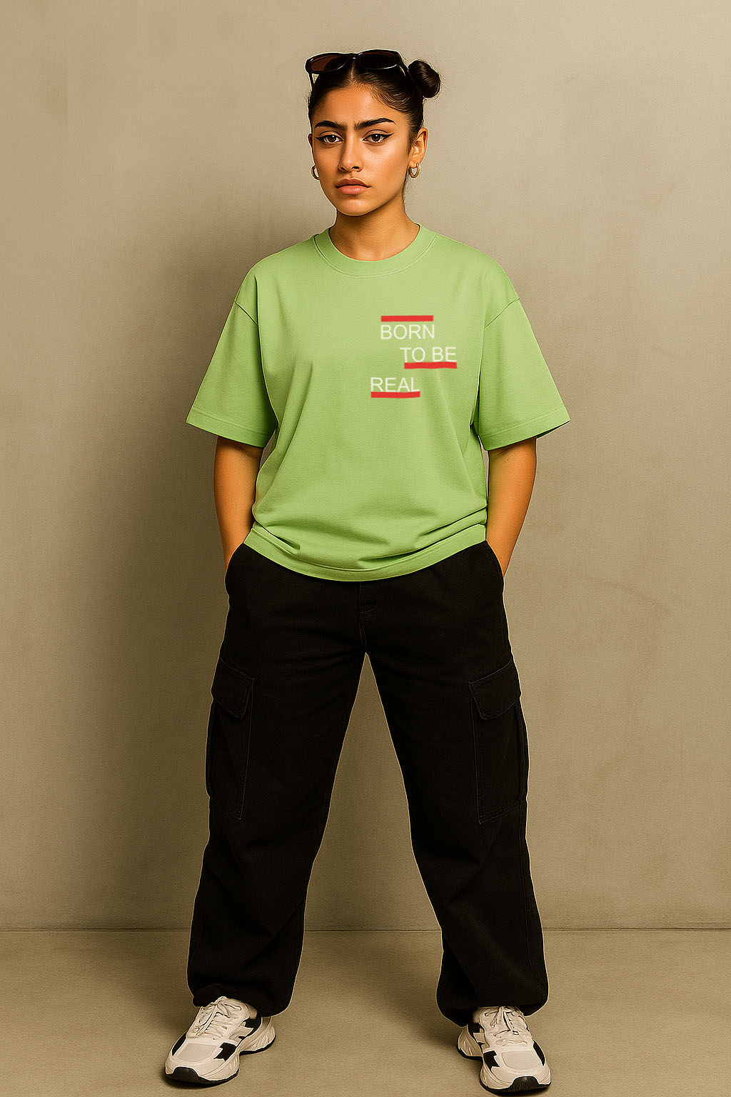 Stylish Green Oversized Fit T-Shirt for Women – Front Graphic Minimal Quote
