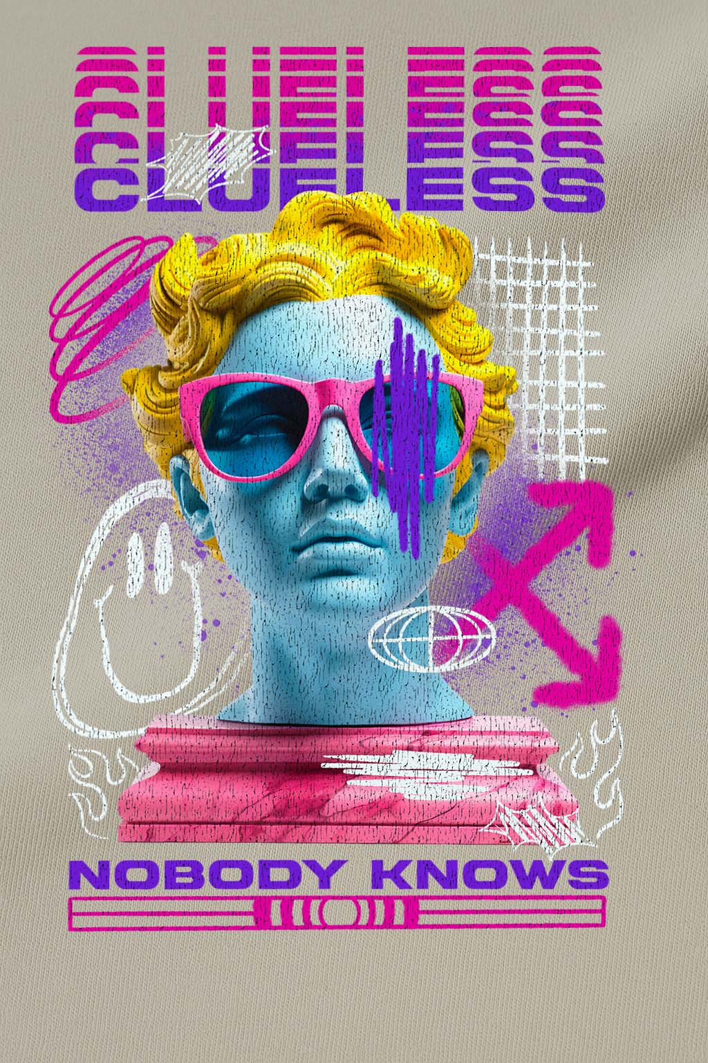 Close-up of bold neon grunge design on grey oversized t-shirt – statement streetwear graphic