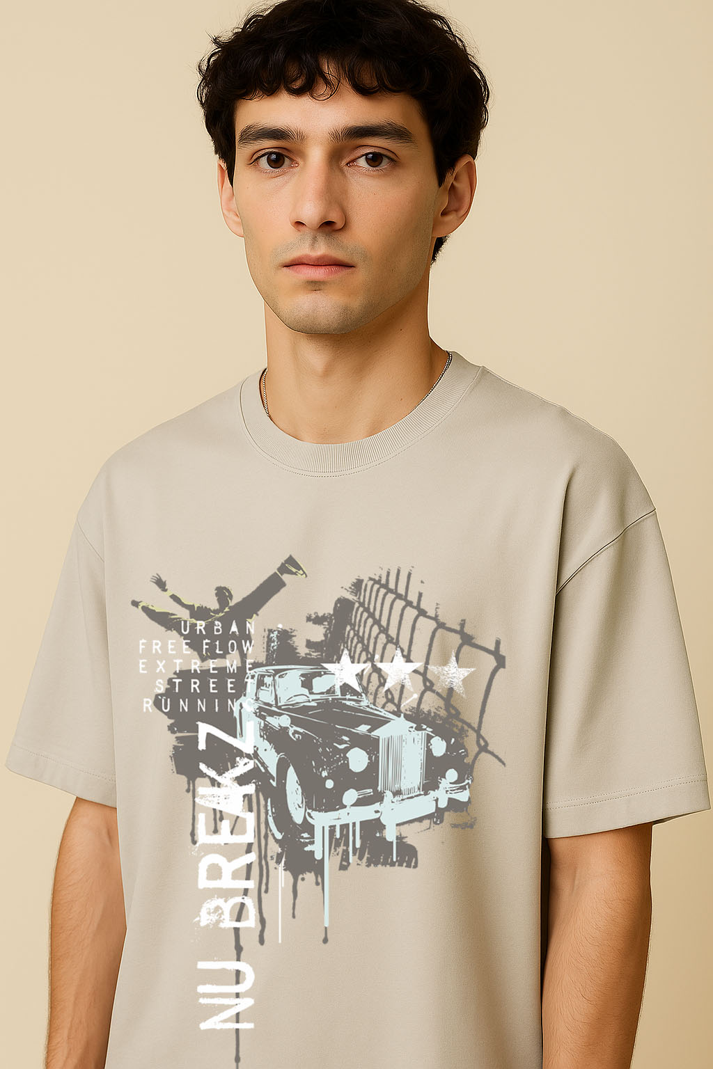 Close-up of graphic on BANKAZ grey oversized grunge t shirt with vintage urban vibe
