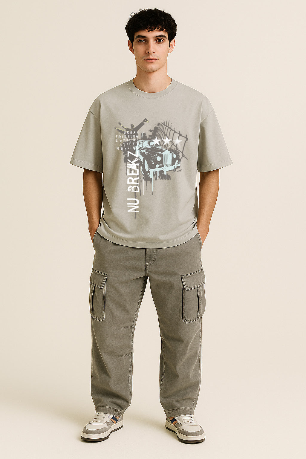Full outfit showcasing BANKAZ grunge t shirt in grey oversized style with cargo pants