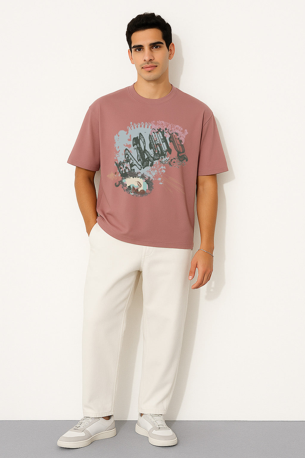 Full front view of BANKAZ pink oversized grunge t shirt featuring bold typography and artistic print