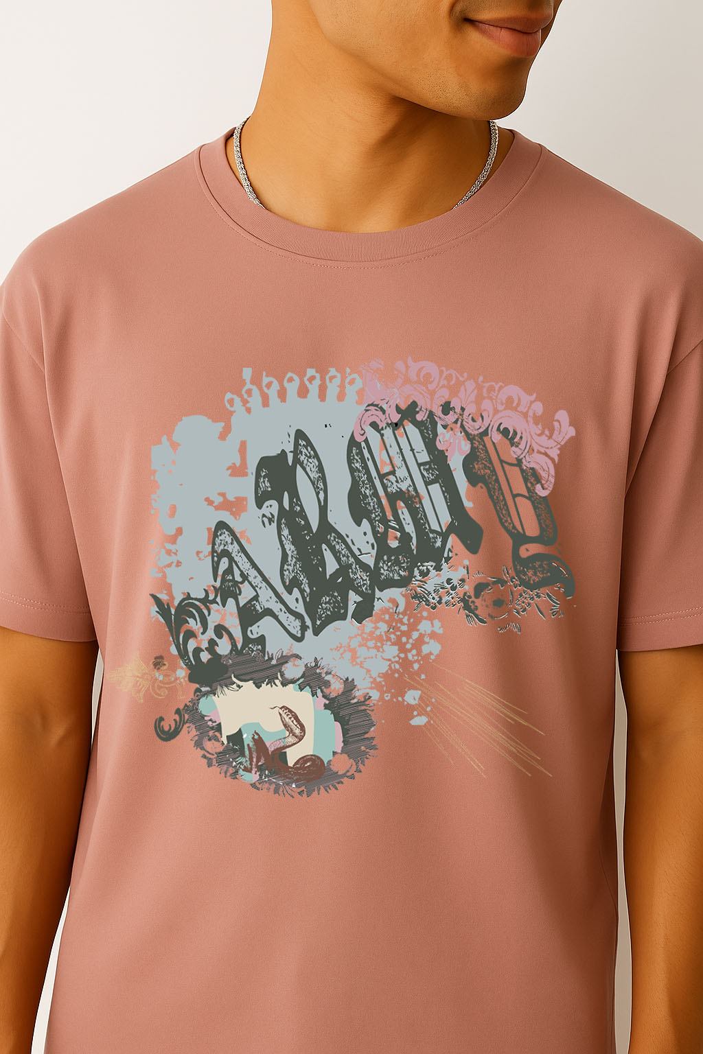 Close-up of BANKAZ graphic print on pink oversized grunge t shirt