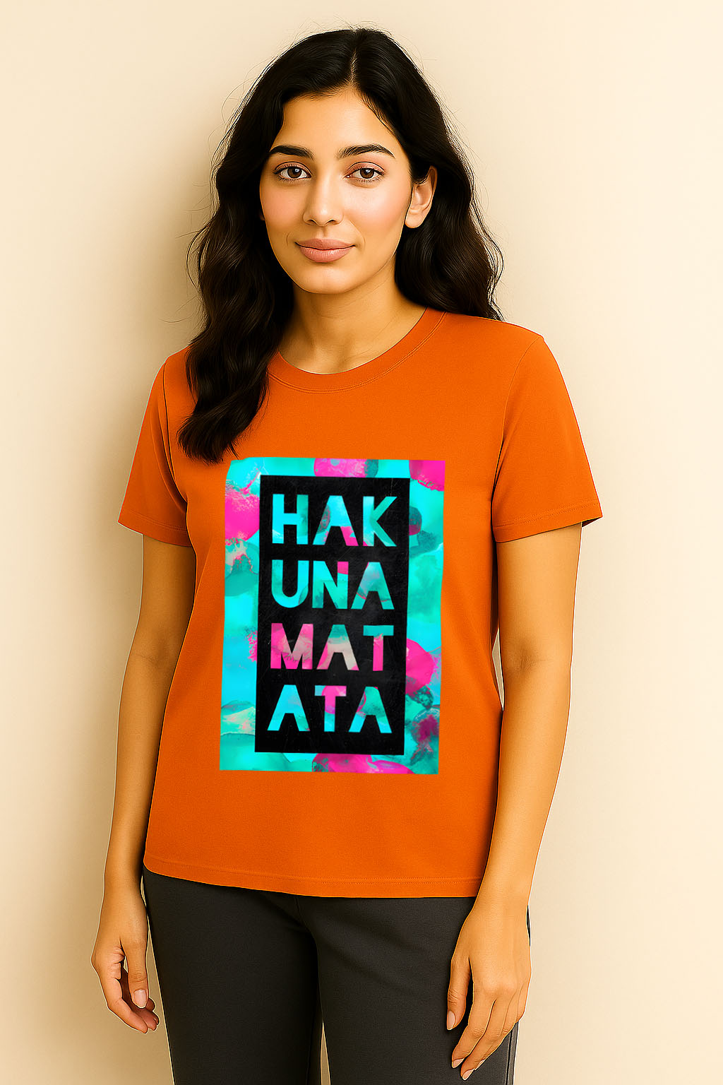 Woman wearing Hakuna Matata orange t-shirt – front view with colorful print, casual styling