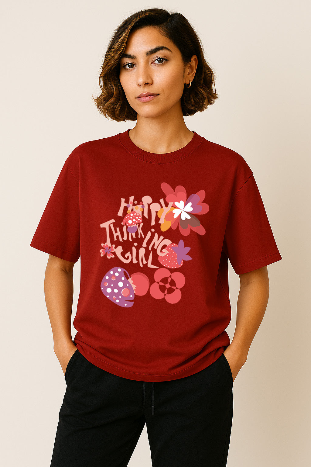 Relaxed fit red oversized t-shirt for women with happy thinking girl doodle print – BANKAZ streetwear