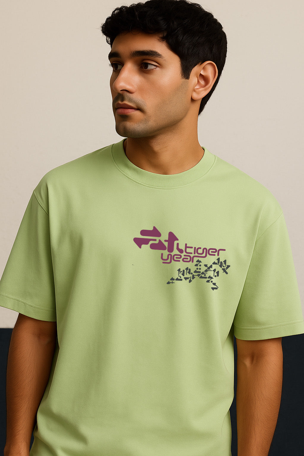 Close-up of BANKAZ japanese themed tiger graphic t shirt in green oversized fit
