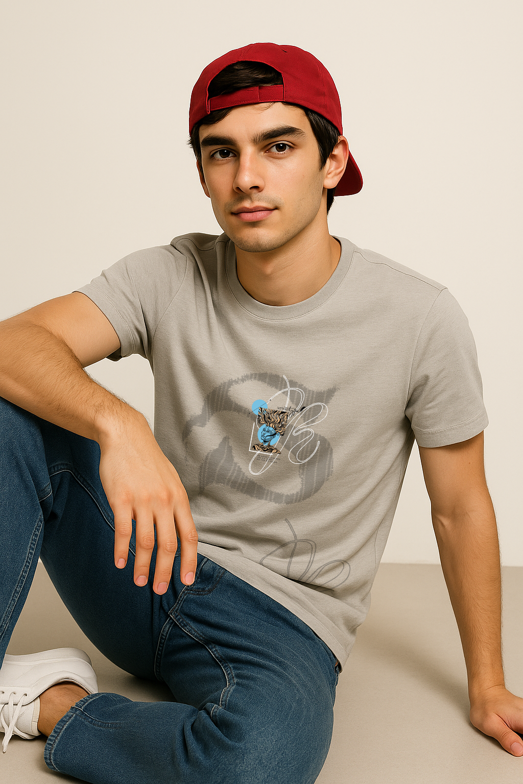 Candid seated pose in men's grey cotton t-shirt – modern graphic tee for urban wear