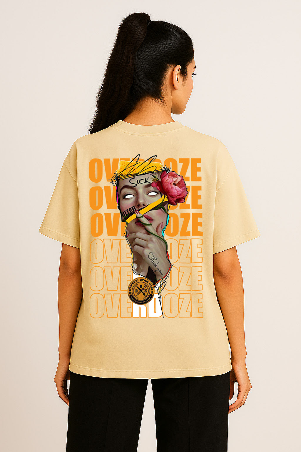 Side-back view of off-white Overdoze streetwear graphic t-shirt for women – oversized street look