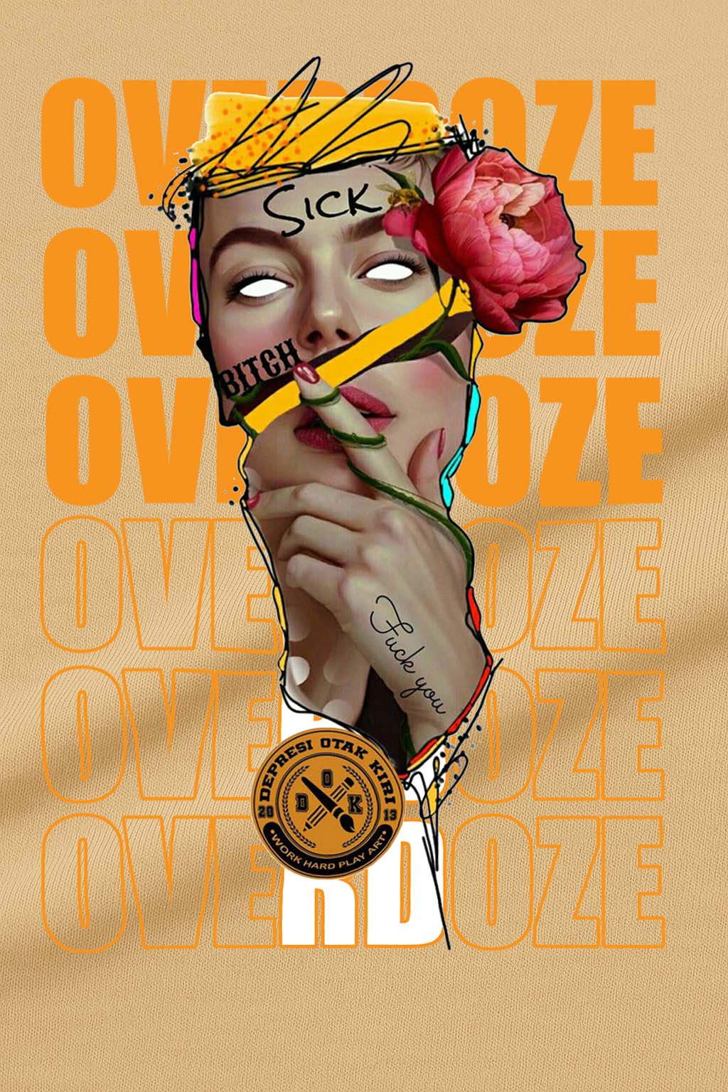 Closeup of Overdoze graphic design featuring abstract woman illustration – street fashion art