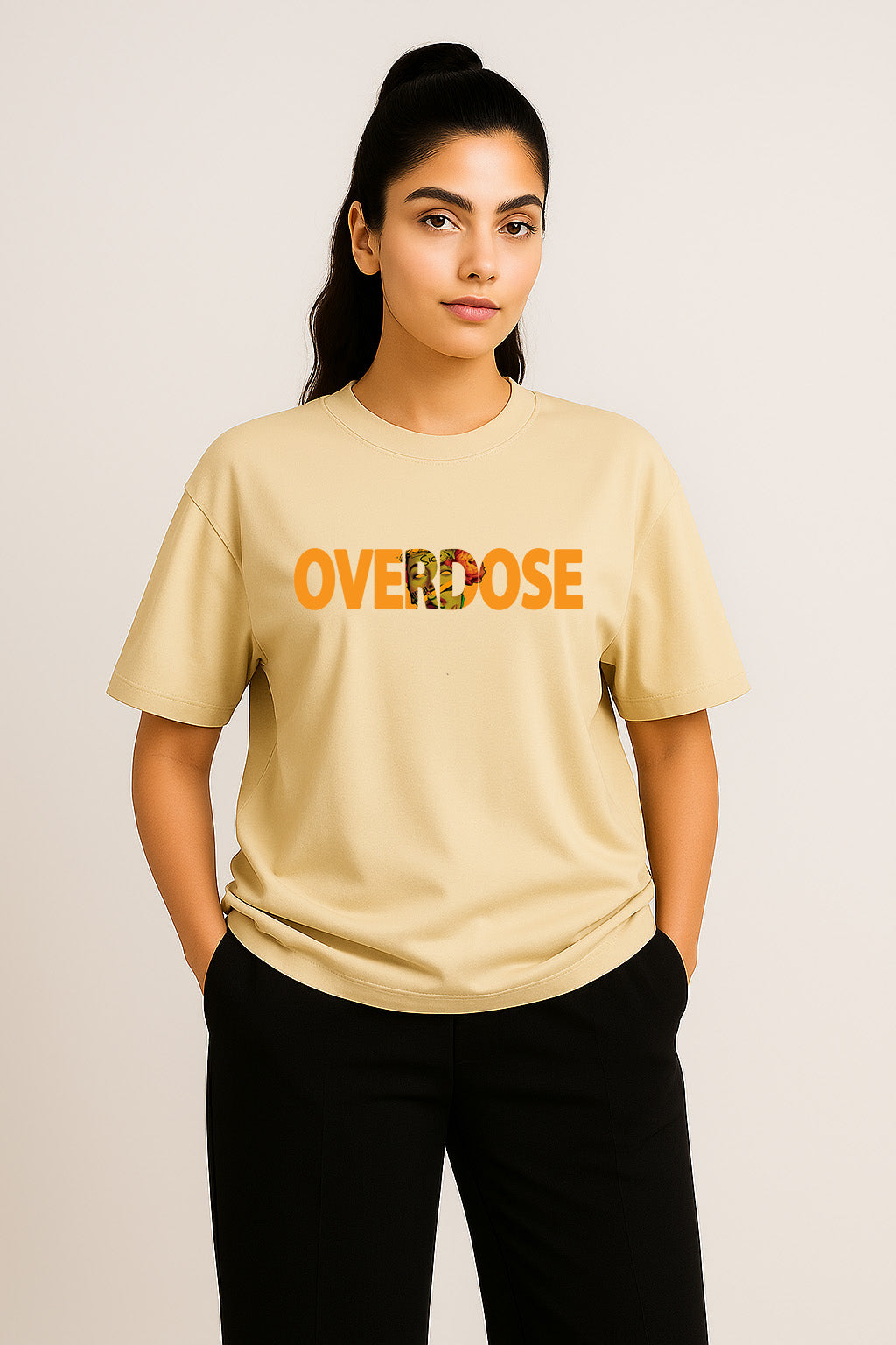 Standing front pose wearing Overdoze off-white oversized t-shirt for women – Gen Z street fashion