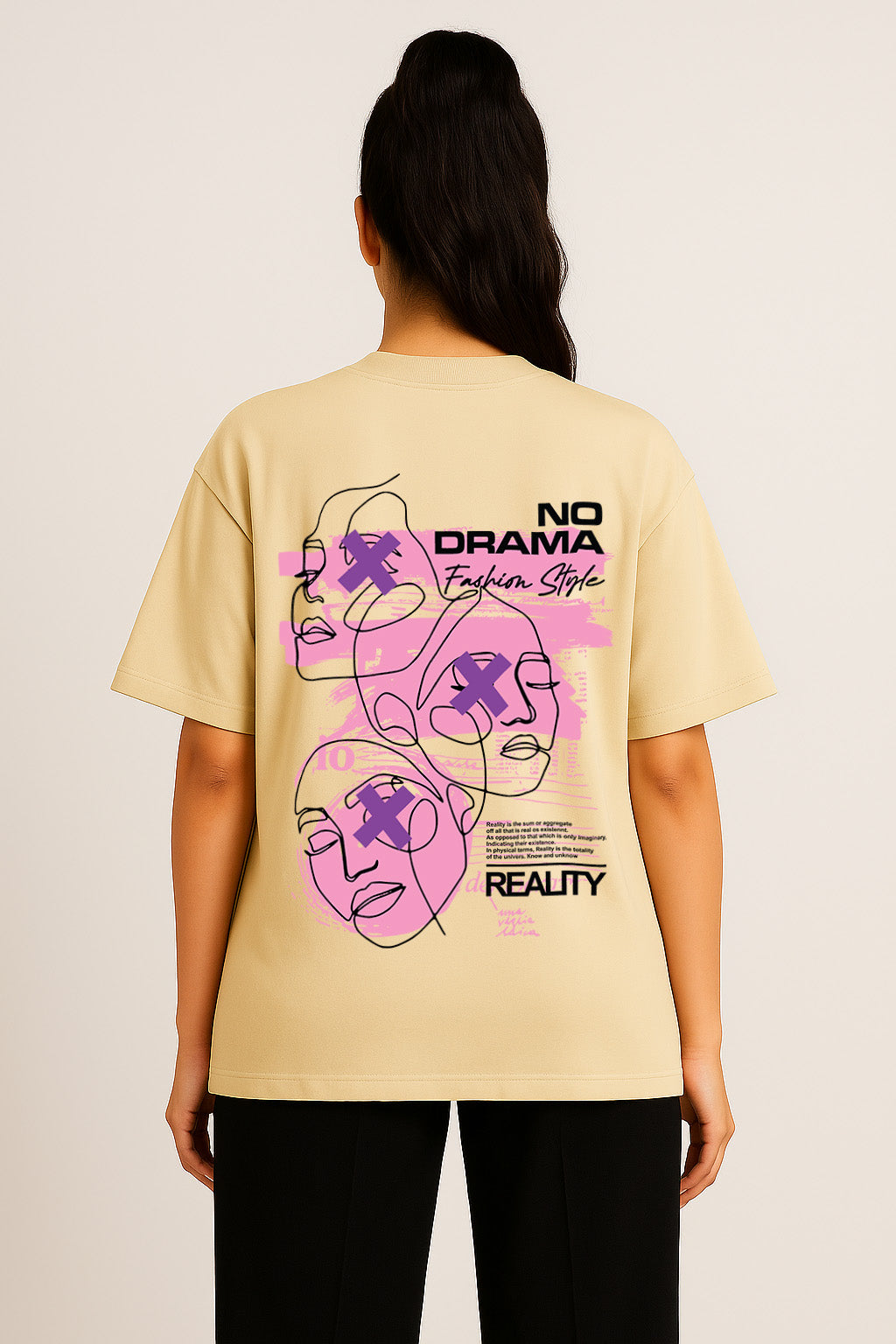 Back view of off-white oversized "No Drama" t-shirt for women with abstract face print – streetwear style