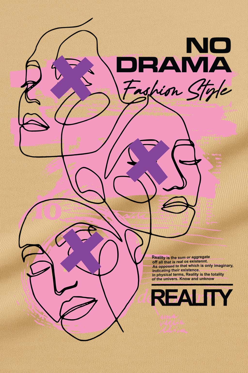 Close-up of abstract face and text graphic on off-white "No Drama" oversized t-shirt for women
