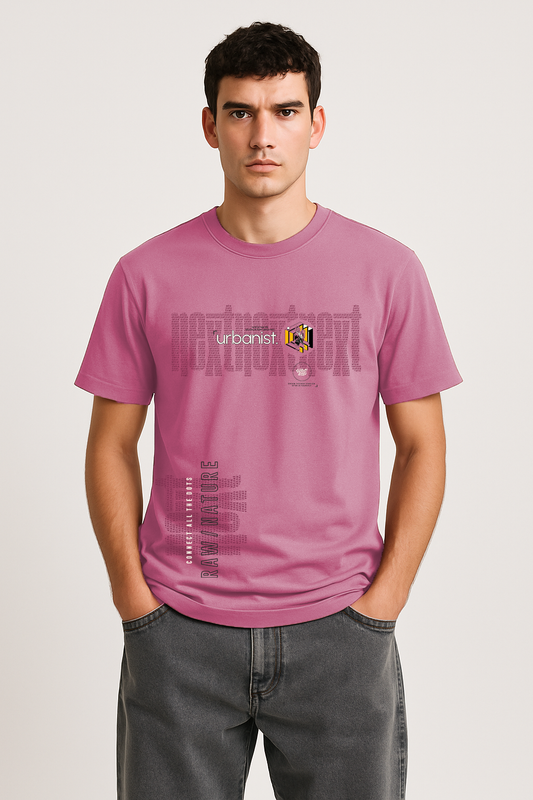 Pink cotton t-shirt for men with 'urbanist' abstract typography – trendy fashion streetwear vibe