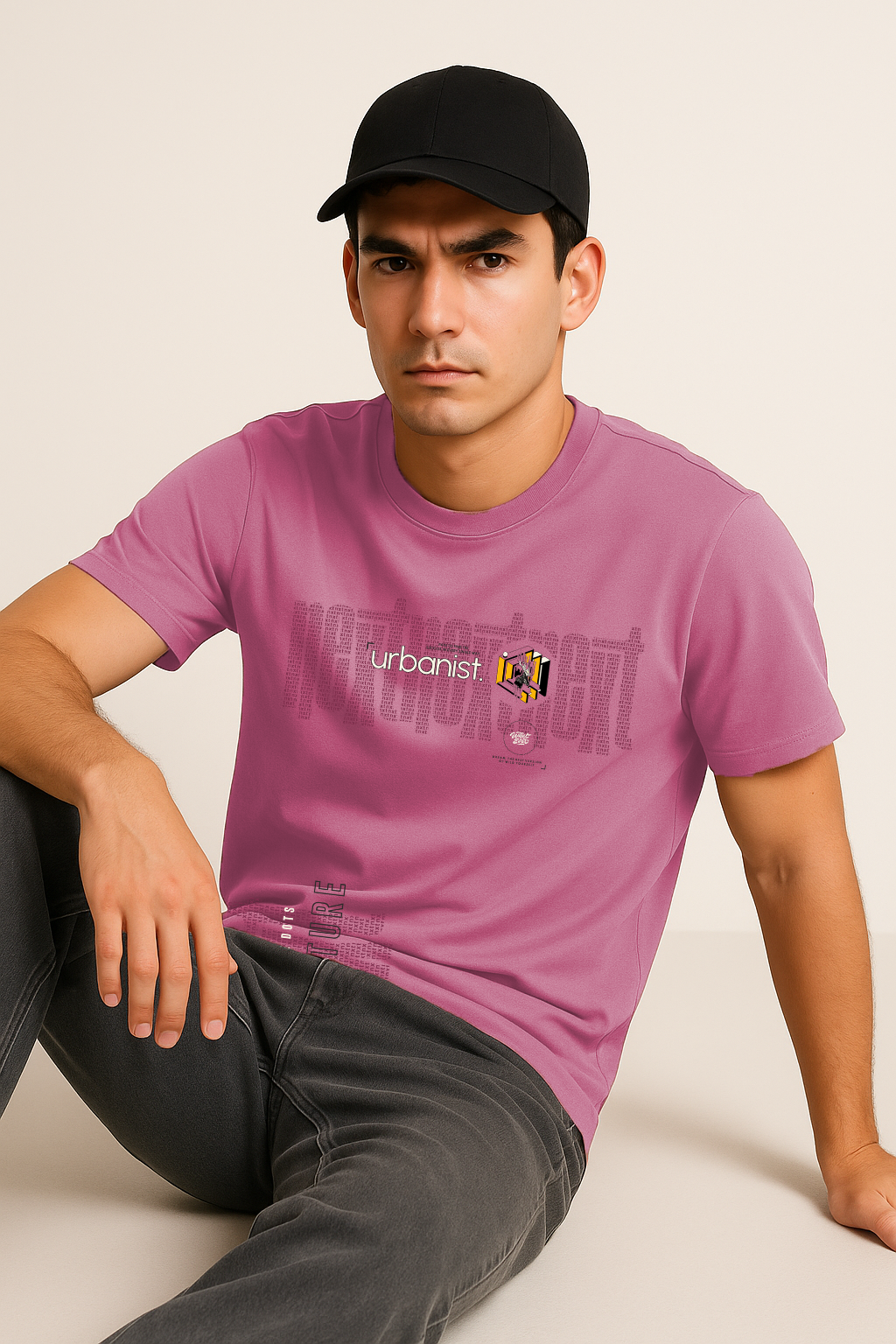 Men’s pink cotton t-shirt styled with cap – urban graphic fashion for Gen Z streetwear lovers