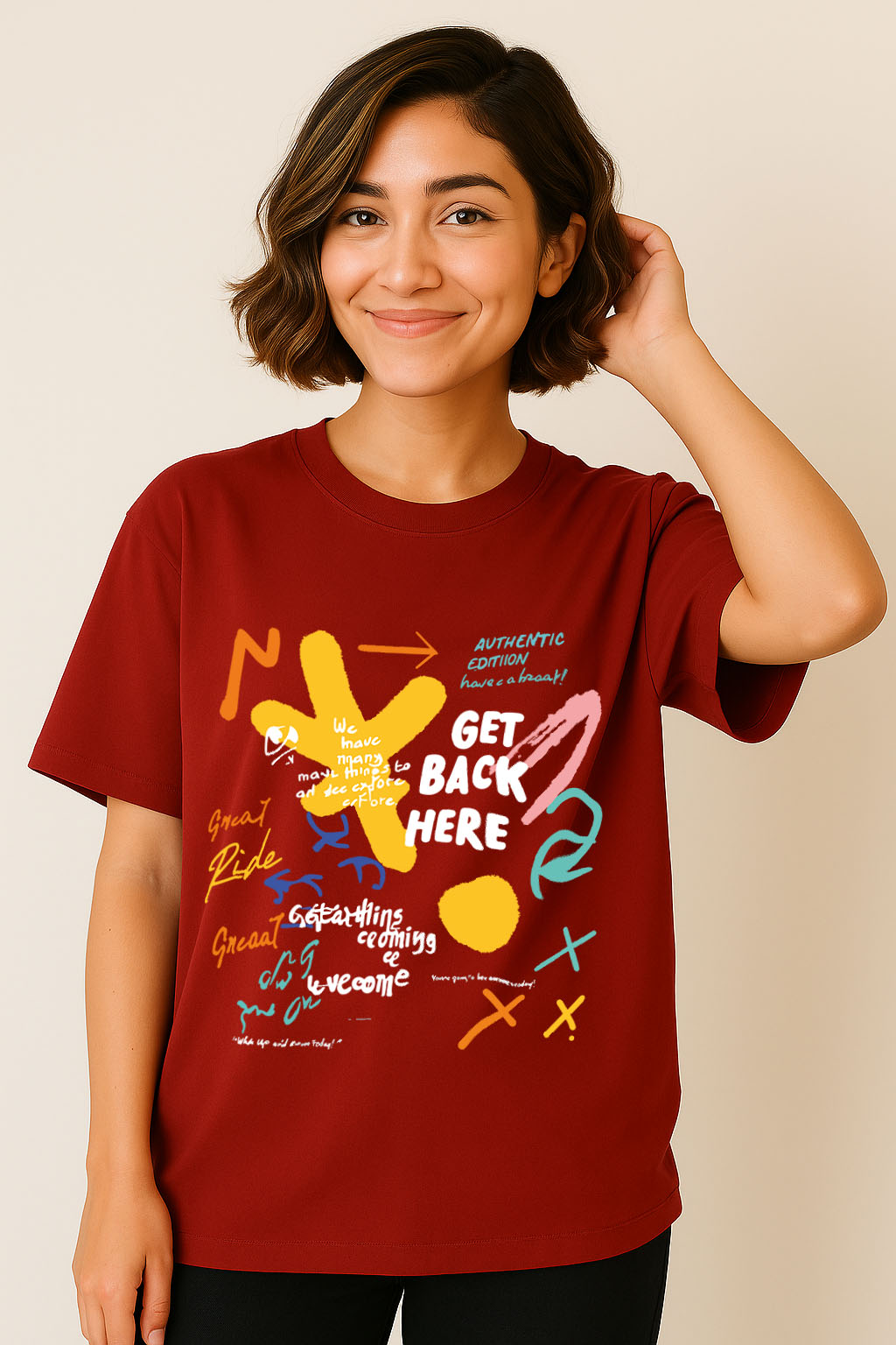 Front close-up of red oversized t-shirt for women with colorful doodle-style graffiti print