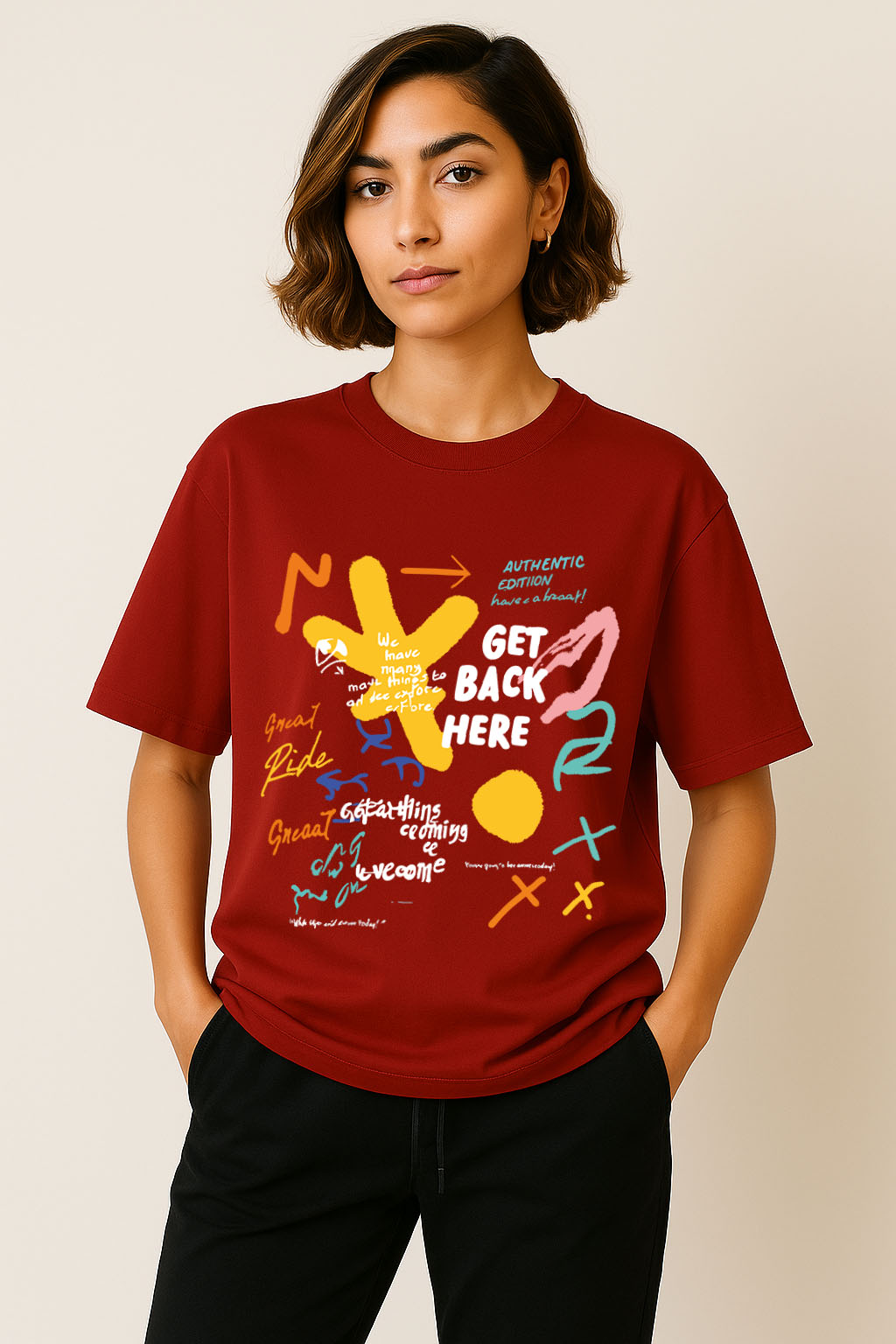 Youth streetwear vibe – red oversized t-shirt with graphic doodle elements and cotton comfort