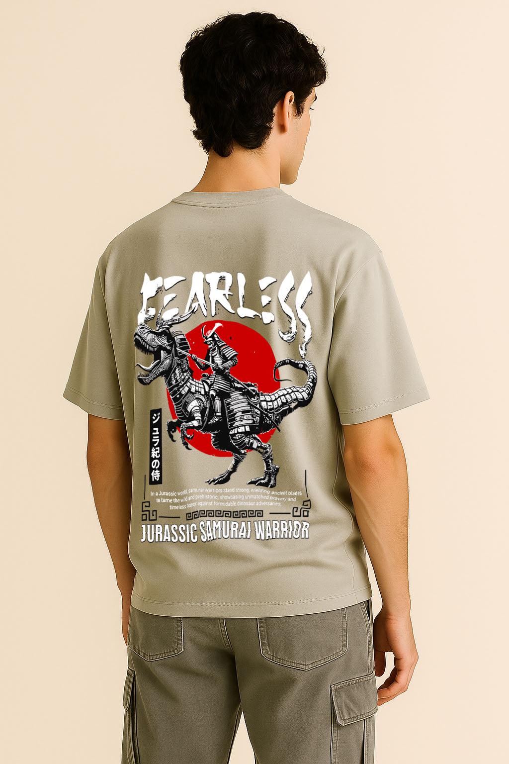 Back view of samurai warrior t shirt in grey oversized fit