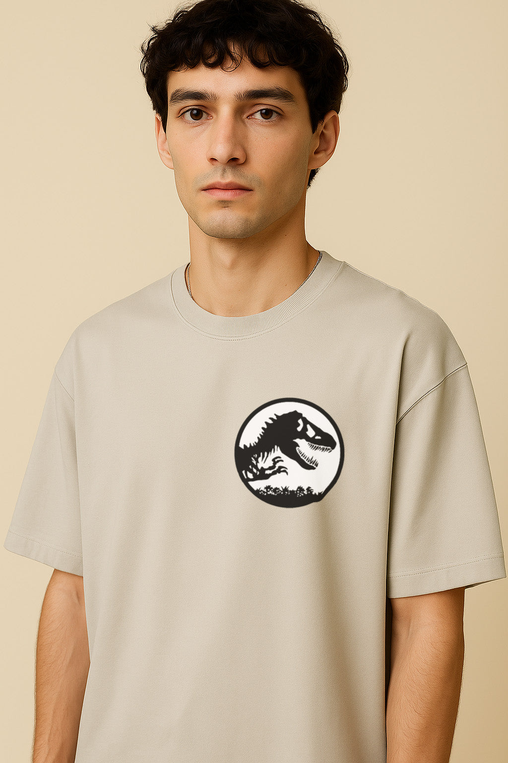 Close-up of front dinosaur logo on samurai warrior t shirt