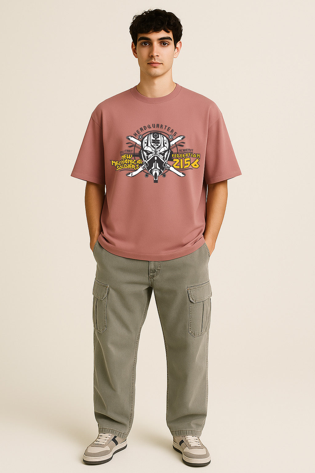Full body shot featuring BANKAZ pink oversized Stormtrooper helmet t shirt styled with casual pants