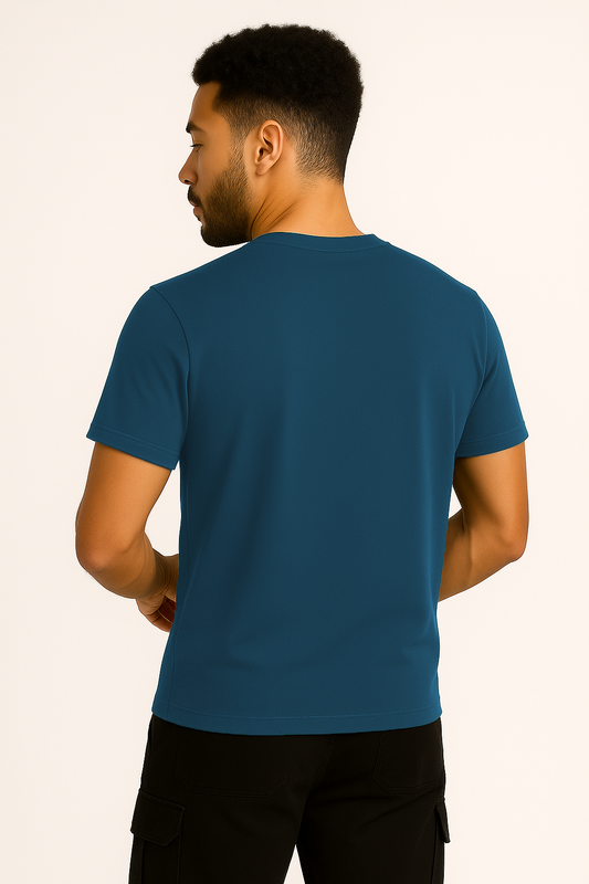 Back view of turquoise cotton t-shirt for men – surreal new style design with premium regular fit
