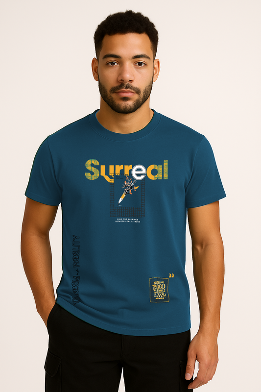 Close-up of surreal typography and print on turquoise cotton t-shirt for men – premium graphic tee