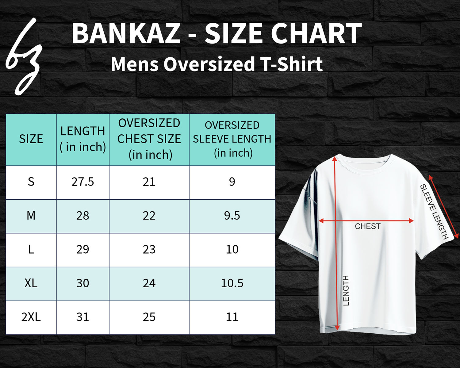 BANKAZ size chart for oversized fit