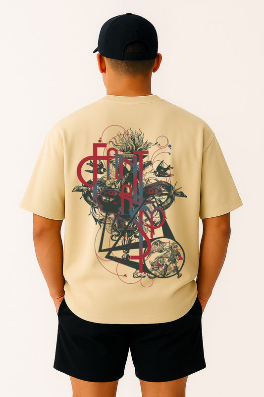 BANKAZ Gothic t shirt with detailed back artwork – off white oversized t shirt