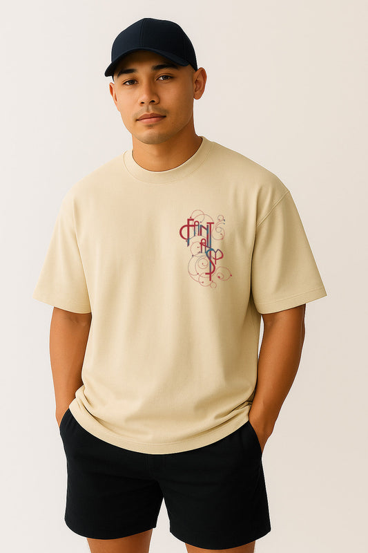 BANKAZ off white oversized t shirt with Gothic font chest design – relaxed pose