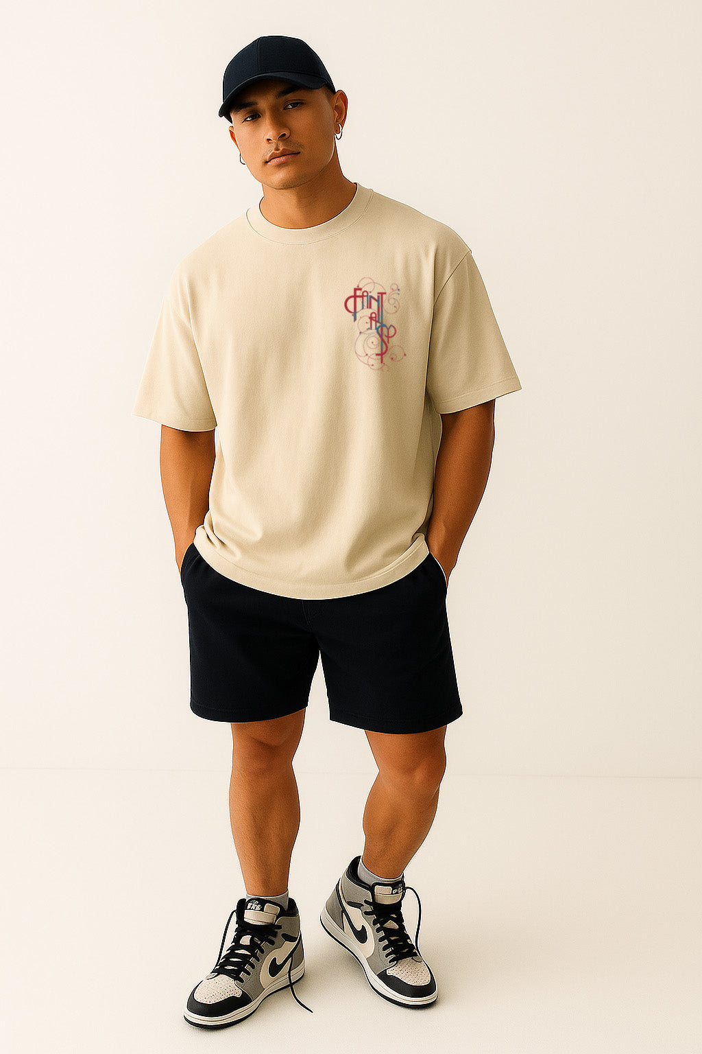 Front view of BANKAZ Gothic t shirt in off white oversized fit with bold chest print