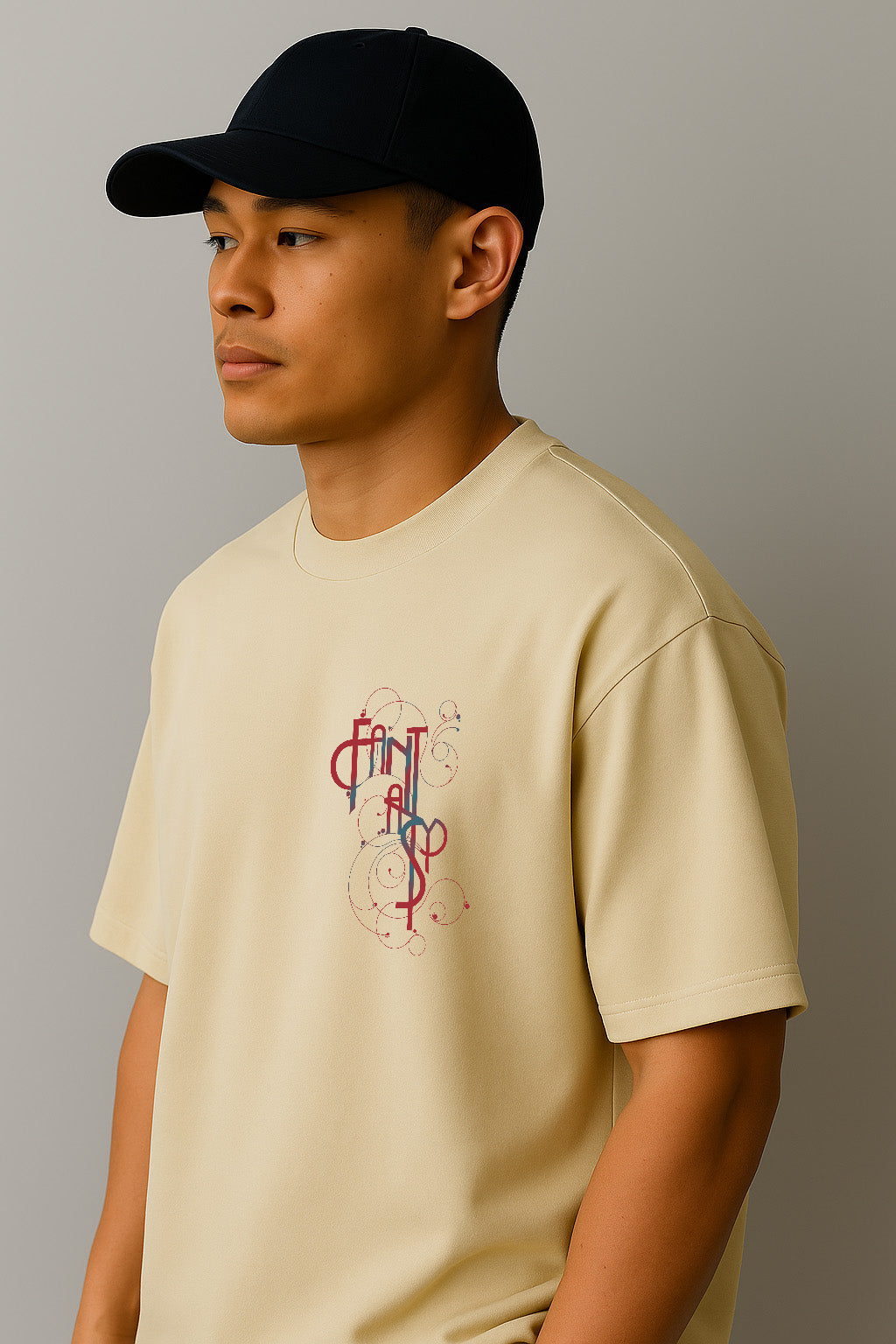 Side profile of BANKAZ Gothic t shirt in off white showcasing curved fantasy typography