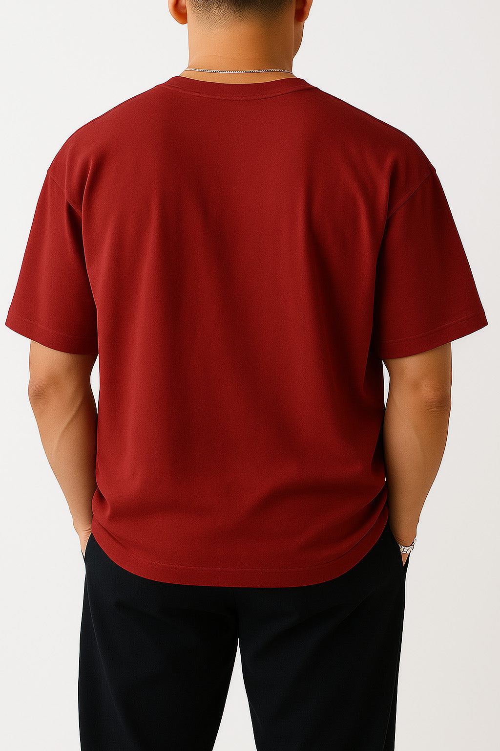 Rear view of BANKAZ abstract art t shirt in red oversized fit with plain back