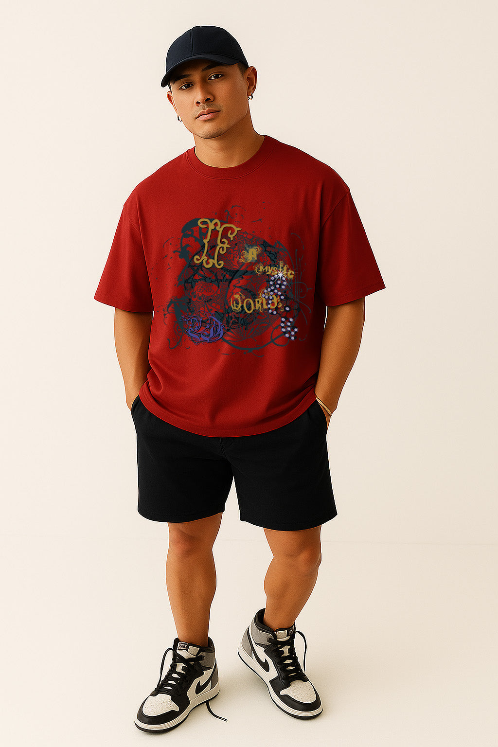Full front view of BANKAZ abstract art t shirt in red oversized fit with creative graphic print