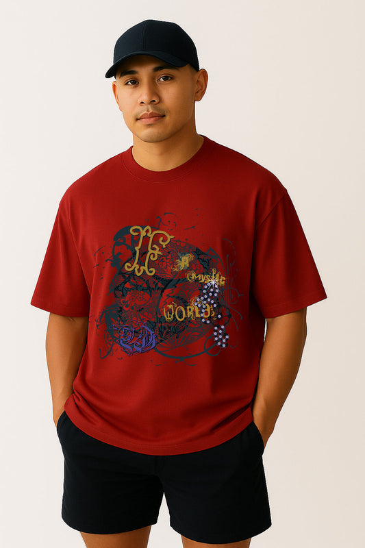 Relaxed front pose of BANKAZ red oversized t shirt with abstract typography and design