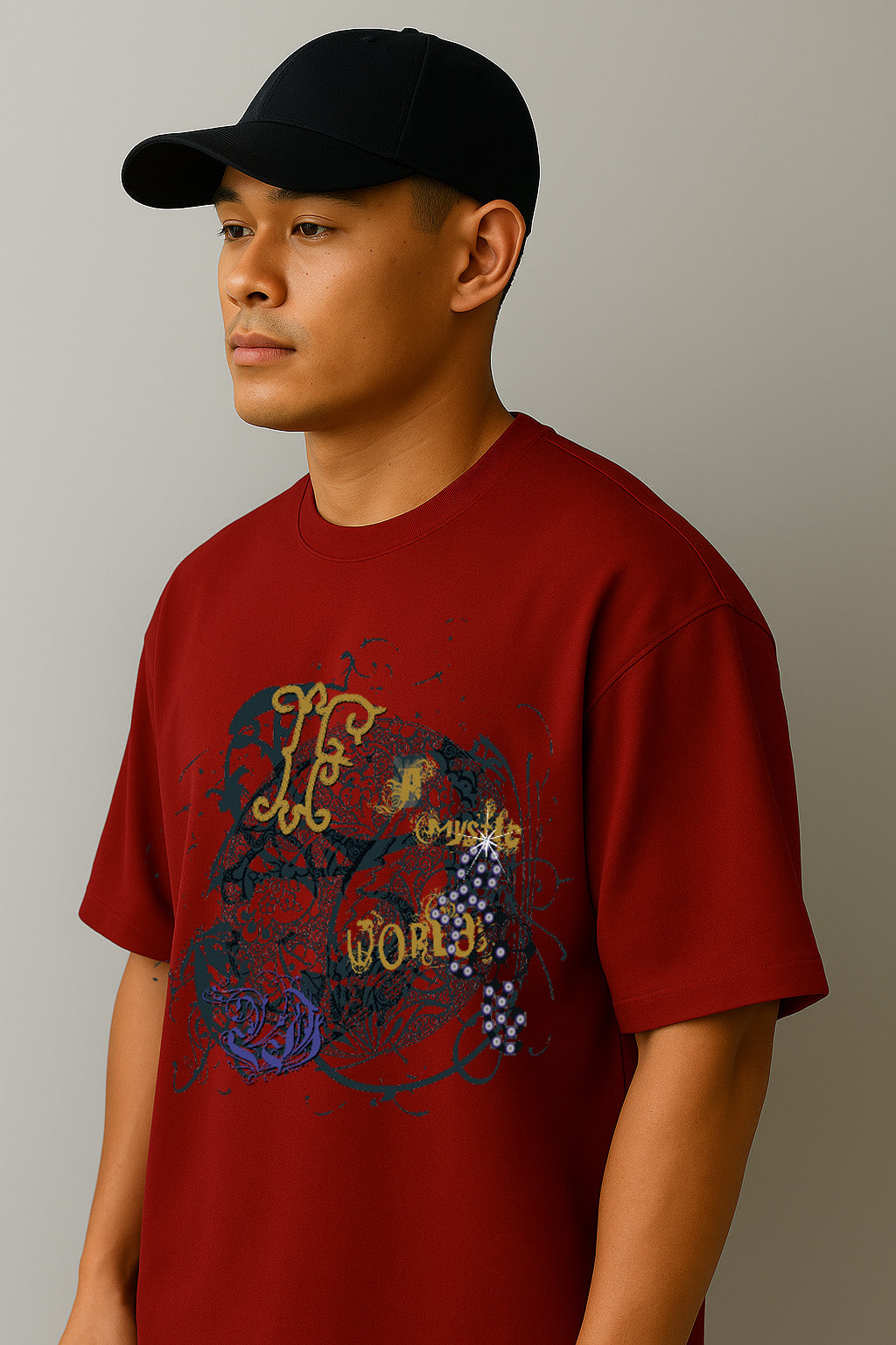 Side angle close-up of BANKAZ abstract art print on red oversized t shirt