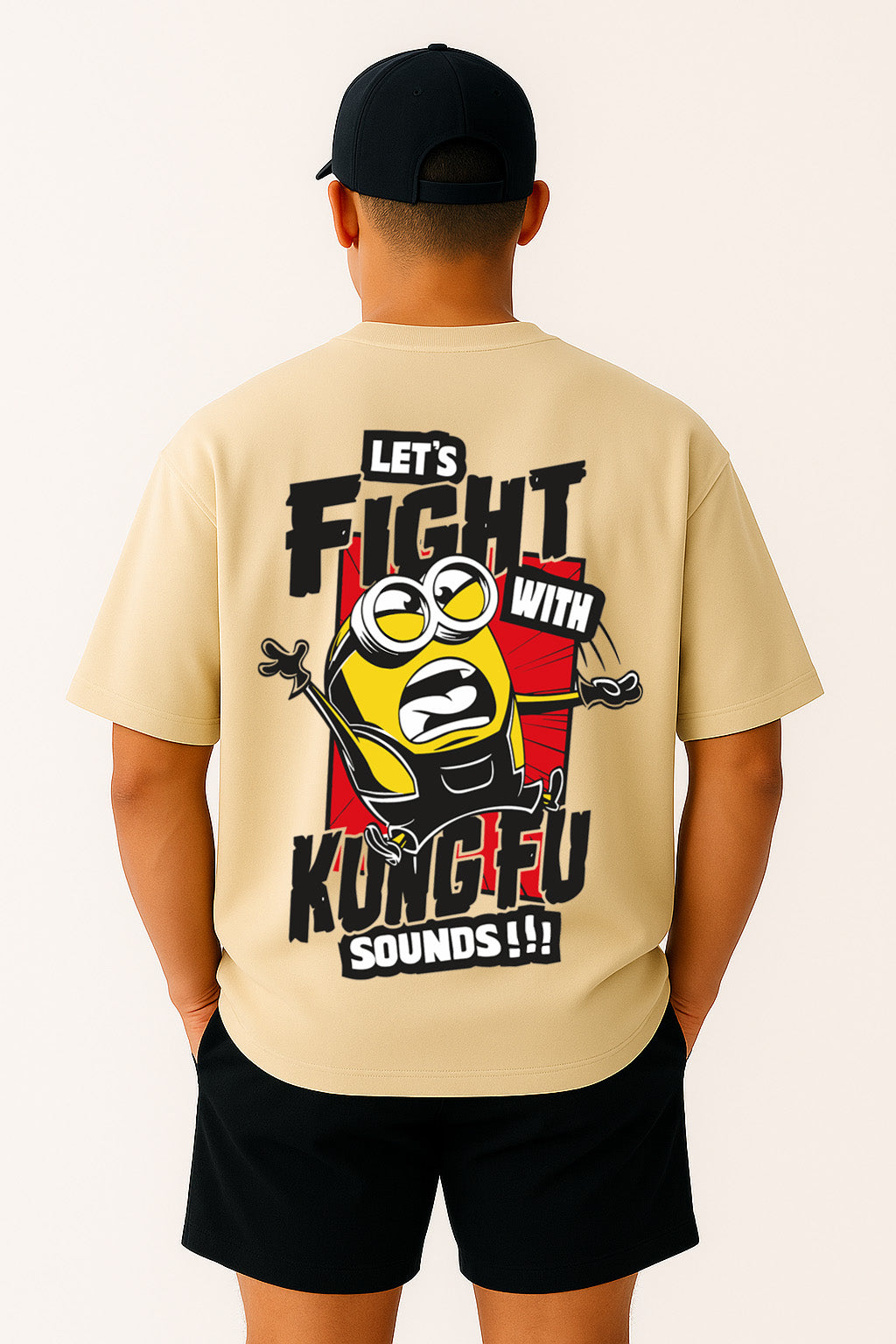 Men's off white oversized shirt featuring aggressive minion t shirt design, back graphic in full view