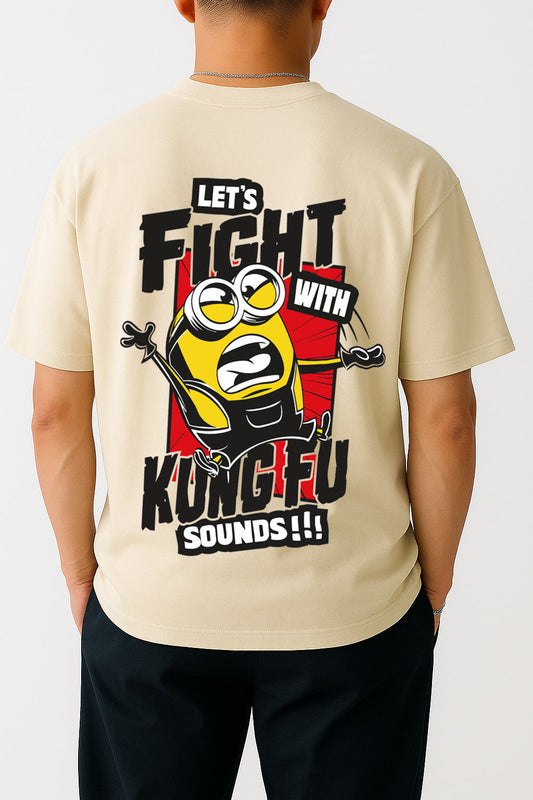 Back view of aggressive minion t shirt mens in off white oversized shirt with bold cartoon fight print