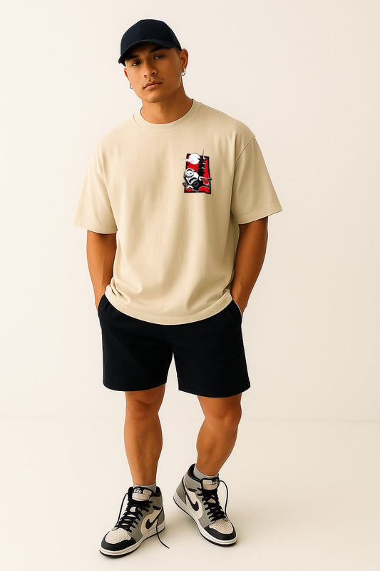 Front view of off white oversized shirt for men with kung fu minion chest print, casual streetwear look
