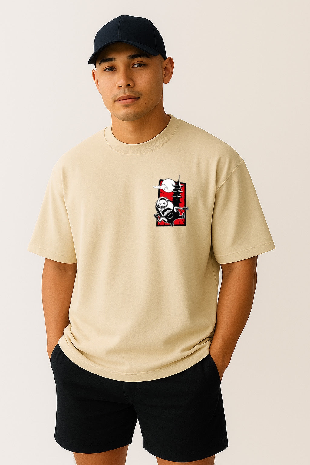 Close-up front of aggressive minion t shirt mens in off white oversized shirt with animated patch print